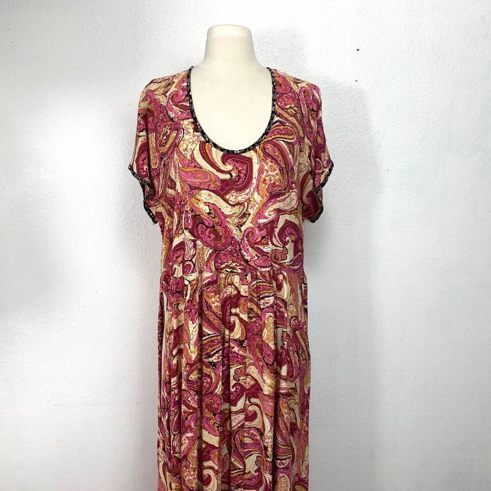Vintage Zoe Womans Maxi Dress Large  Rayon Crepe Pink Paisley Boho Peasant Y2K